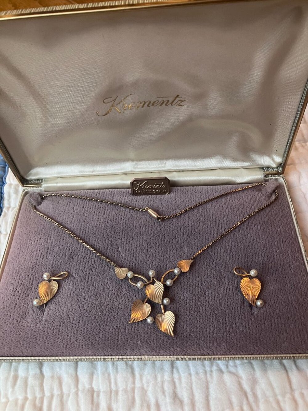 Krementz & Co.  Leaf and pearlnecklace and matching earring set, original in box